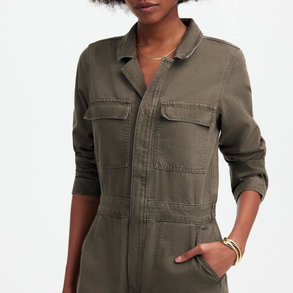 Madewell Green Utility Coverall Jumpsuit Zippered Relaxed Long Sleeve Cotton M